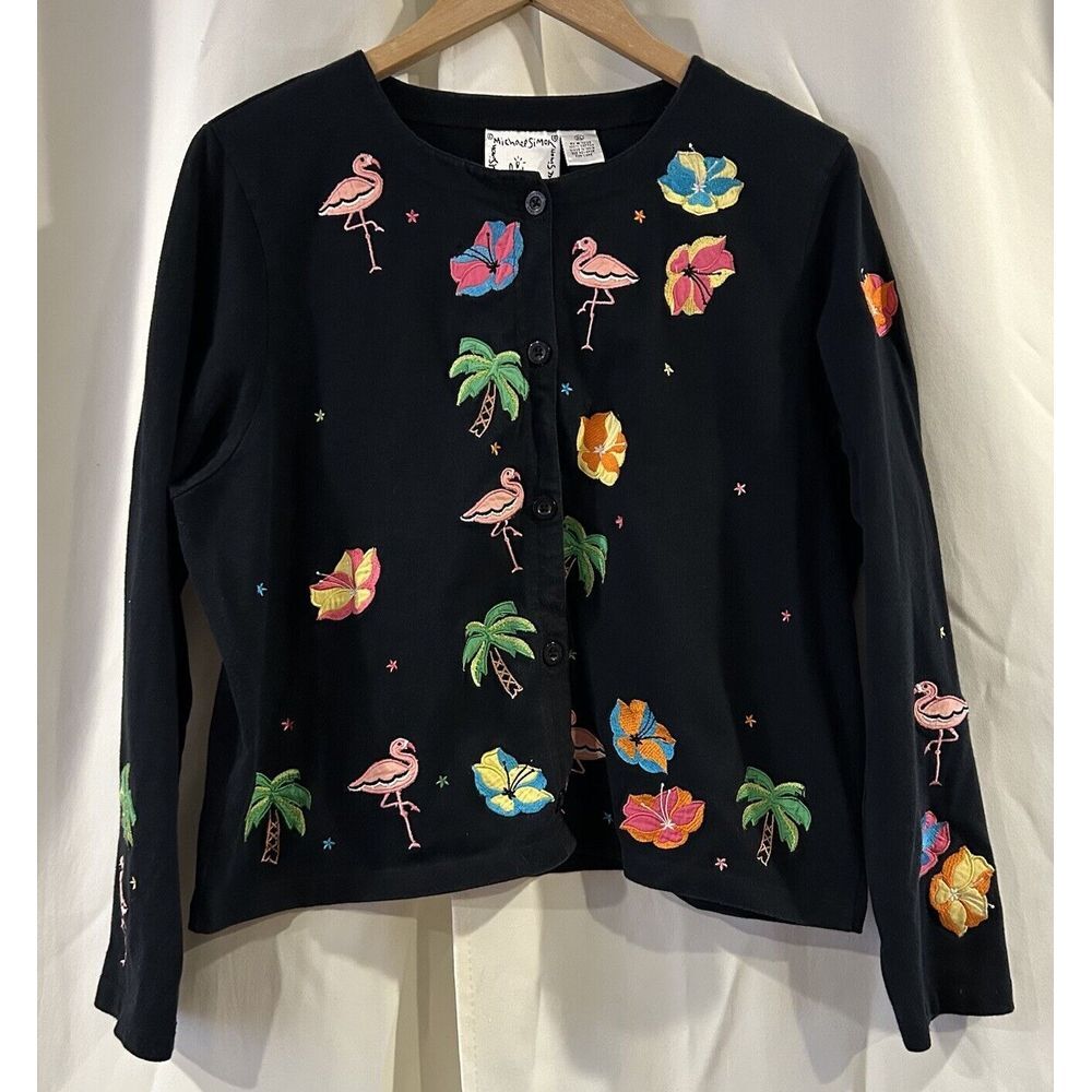 Michael Simonโ Sweater Womens XL Flamingo Palm Tropical Embroidered Cardigan